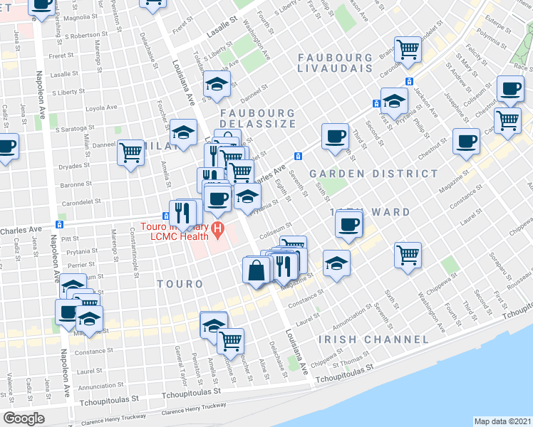 map of restaurants, bars, coffee shops, grocery stores, and more near 1427 Louisiana Avenue in New Orleans
