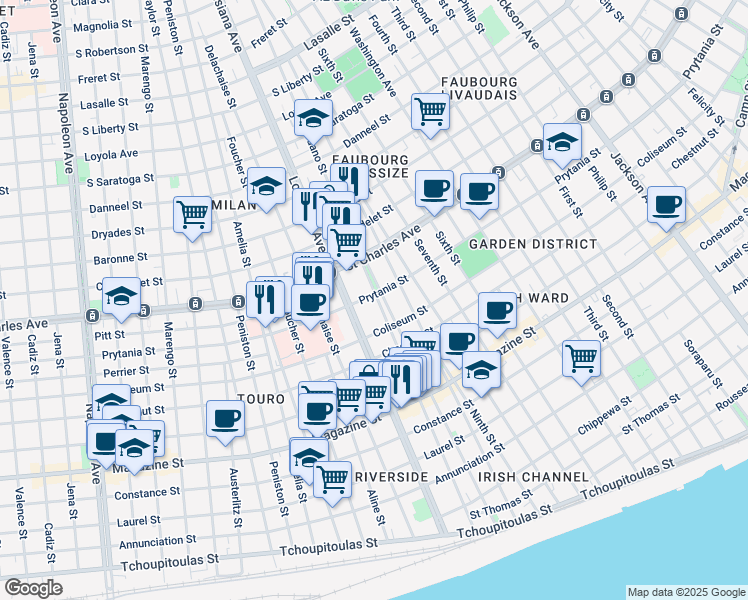 map of restaurants, bars, coffee shops, grocery stores, and more near 1427 Louisiana Avenue in New Orleans