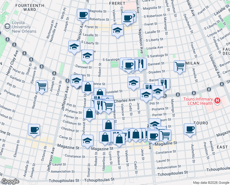 map of restaurants, bars, coffee shops, grocery stores, and more near 4739 Saint Charles Avenue in New Orleans