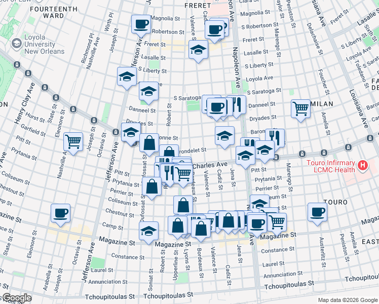 map of restaurants, bars, coffee shops, grocery stores, and more near 4739 Saint Charles Avenue in New Orleans