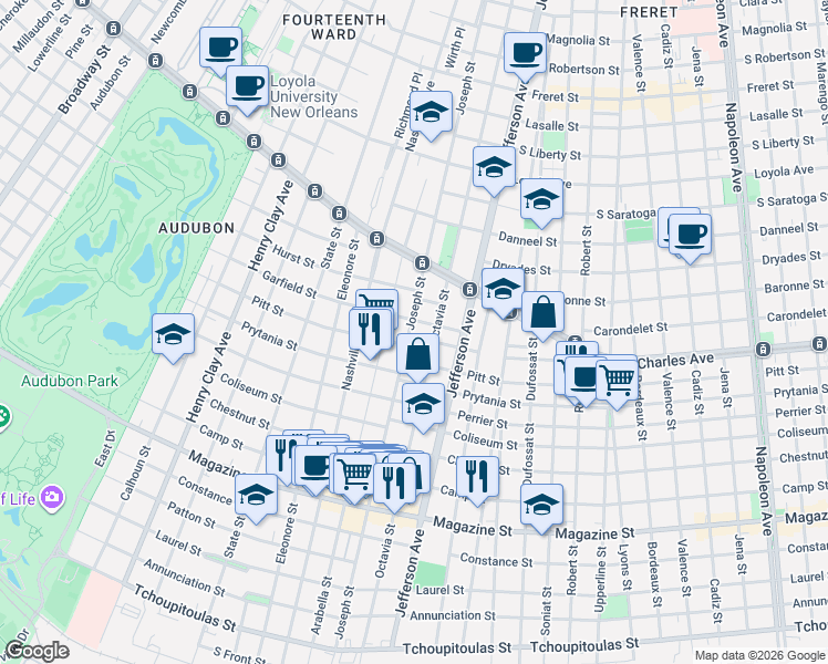 map of restaurants, bars, coffee shops, grocery stores, and more near 1333 Joseph Street in New Orleans