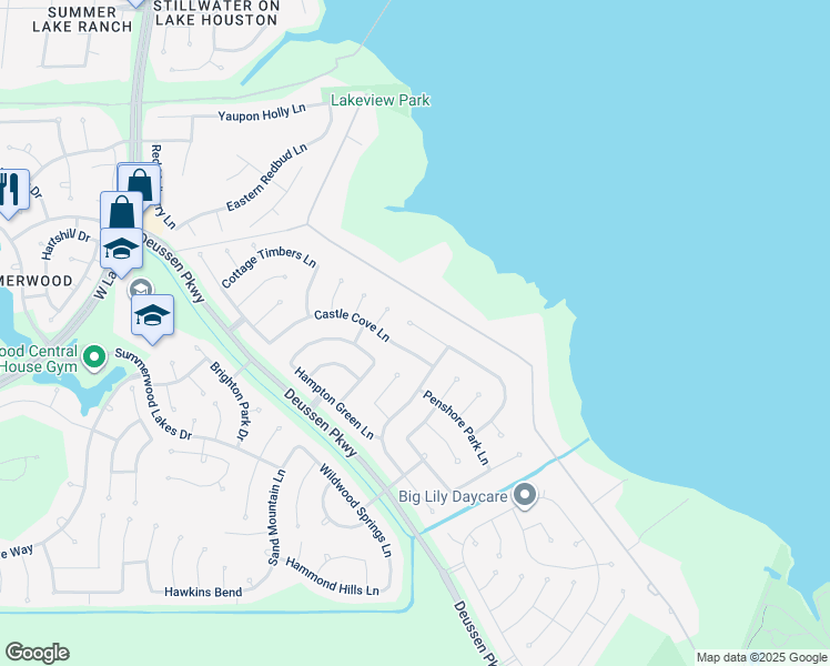 map of restaurants, bars, coffee shops, grocery stores, and more near 14702 Castle Cove Lane in Houston
