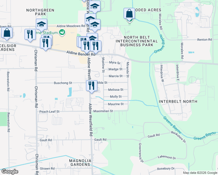 map of restaurants, bars, coffee shops, grocery stores, and more near 14514 Maeline Street in Houston