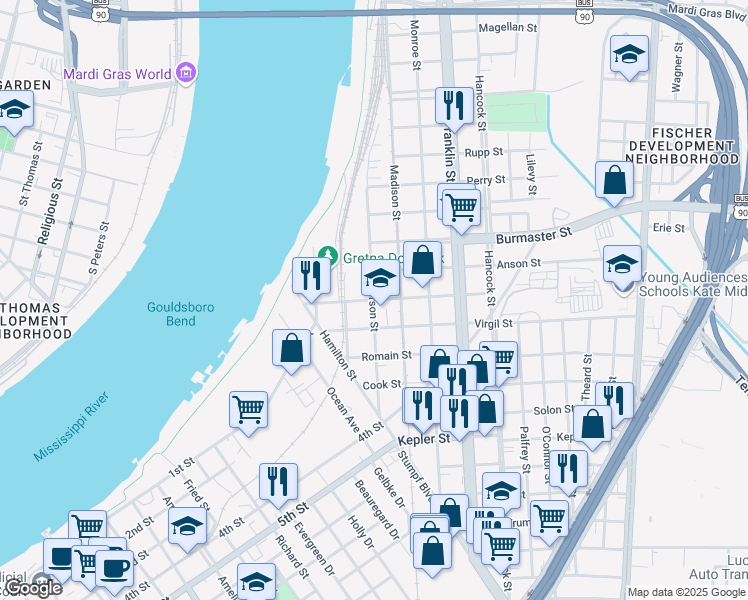 map of restaurants, bars, coffee shops, grocery stores, and more near 1200 Jefferson Street in Gretna