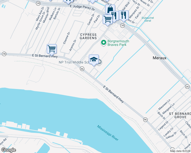 map of restaurants, bars, coffee shops, grocery stores, and more near 2005 Webster Street in Meraux