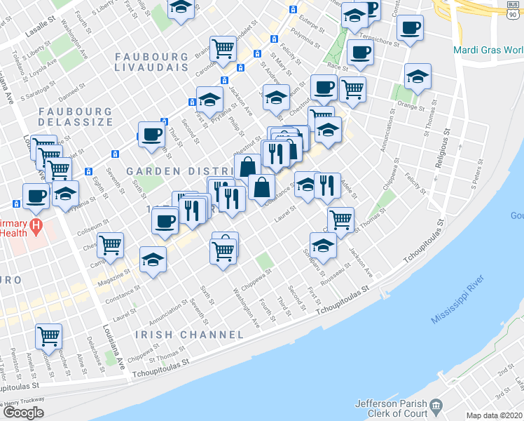 map of restaurants, bars, coffee shops, grocery stores, and more near in New Orleans