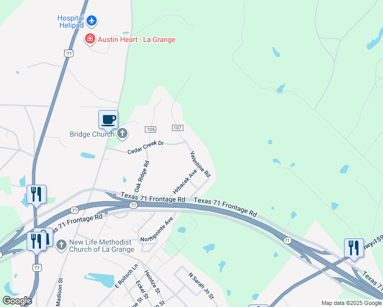 map of restaurants, bars, coffee shops, grocery stores, and more near 2435 Valentine Road in La Grange