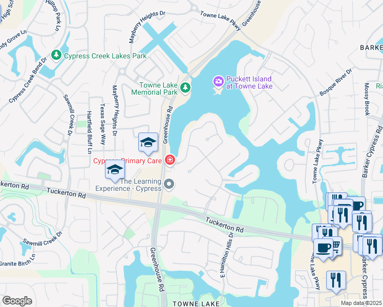 map of restaurants, bars, coffee shops, grocery stores, and more near 10407 East Rio Grande River Drive in Cypress