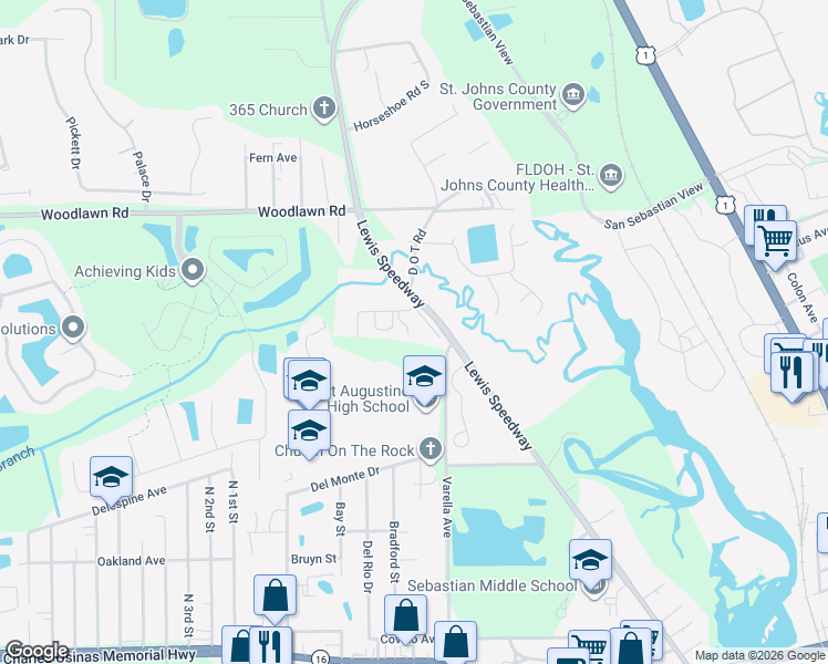 map of restaurants, bars, coffee shops, grocery stores, and more near 100 Center Place Way in St. Augustine