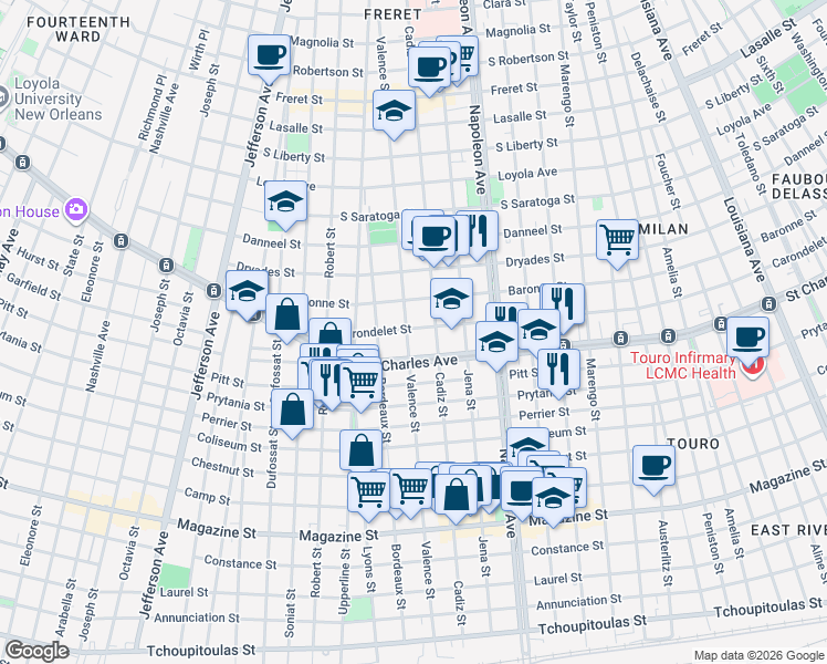 map of restaurants, bars, coffee shops, grocery stores, and more near in New Orleans