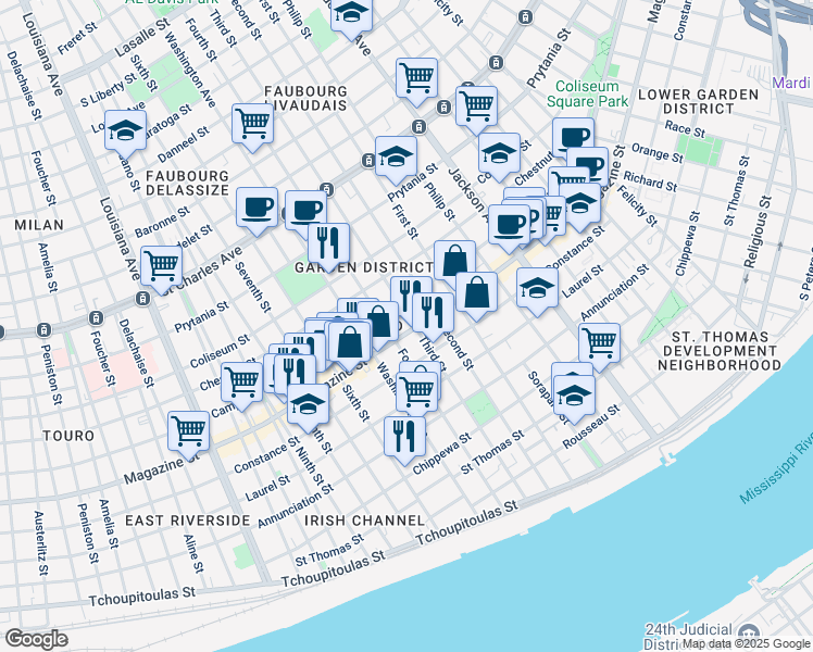 map of restaurants, bars, coffee shops, grocery stores, and more near 1021 Fourth Street in New Orleans