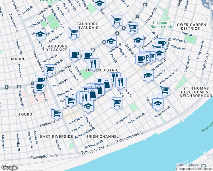 map of restaurants, bars, coffee shops, grocery stores, and more near 2727 Magazine Street in New Orleans