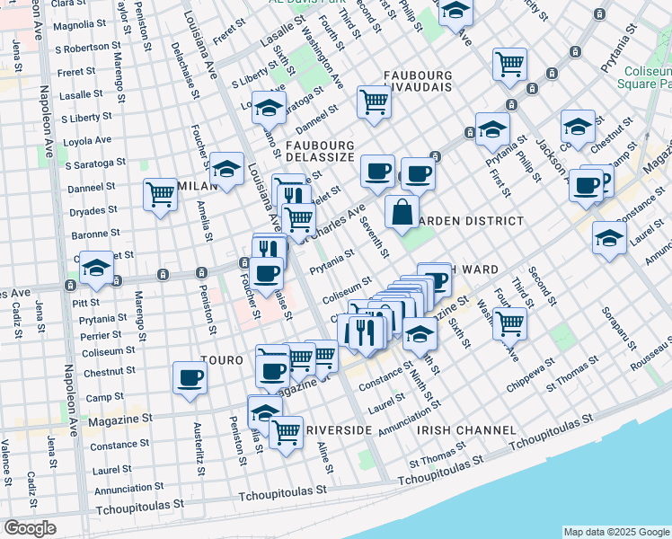 map of restaurants, bars, coffee shops, grocery stores, and more near 3219 Coliseum Street in New Orleans