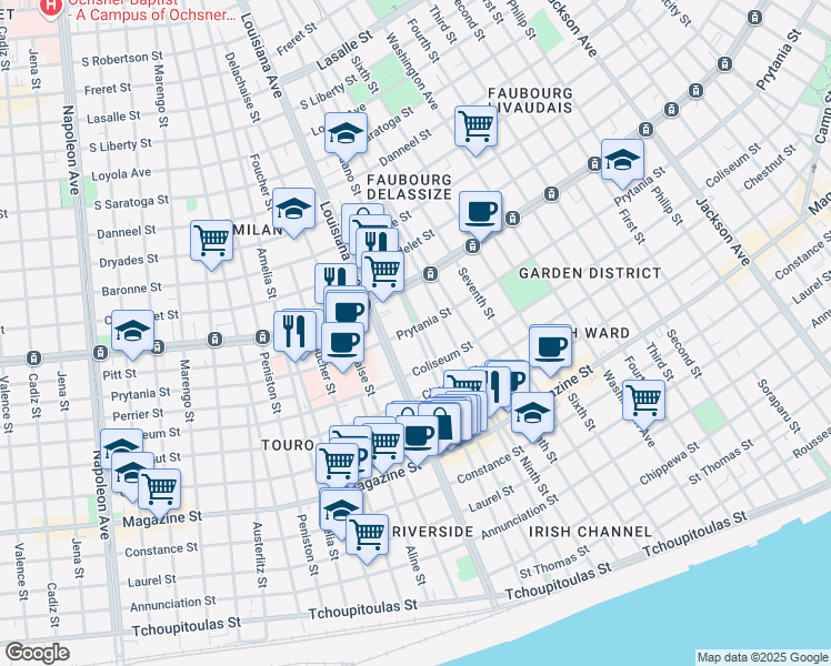 map of restaurants, bars, coffee shops, grocery stores, and more near 1427 Louisiana Avenue in New Orleans