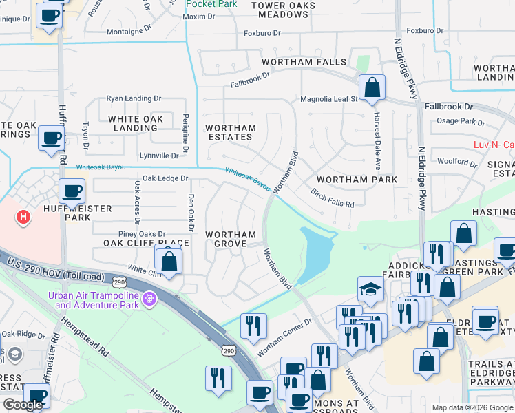 map of restaurants, bars, coffee shops, grocery stores, and more near 10726 Wolsley Court in Houston