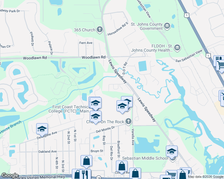 map of restaurants, bars, coffee shops, grocery stores, and more near 3205 Varella Avenue in Saint Augustine