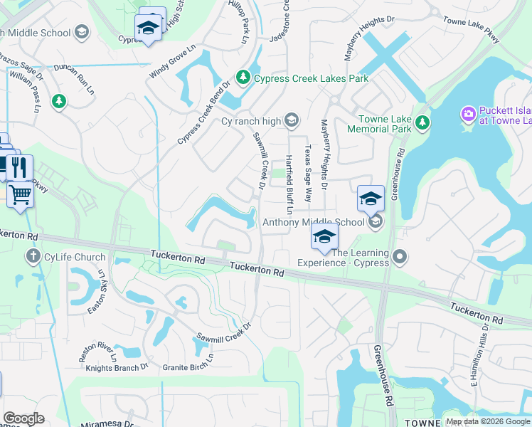 map of restaurants, bars, coffee shops, grocery stores, and more near 19834 Hamlet Shadow Lane in Cypress