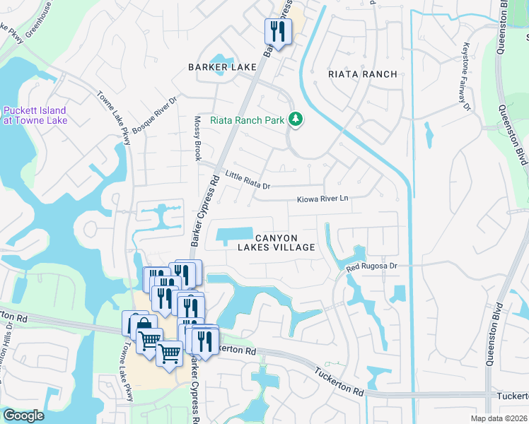 map of restaurants, bars, coffee shops, grocery stores, and more near 17418 Hoover Garden Drive in Houston