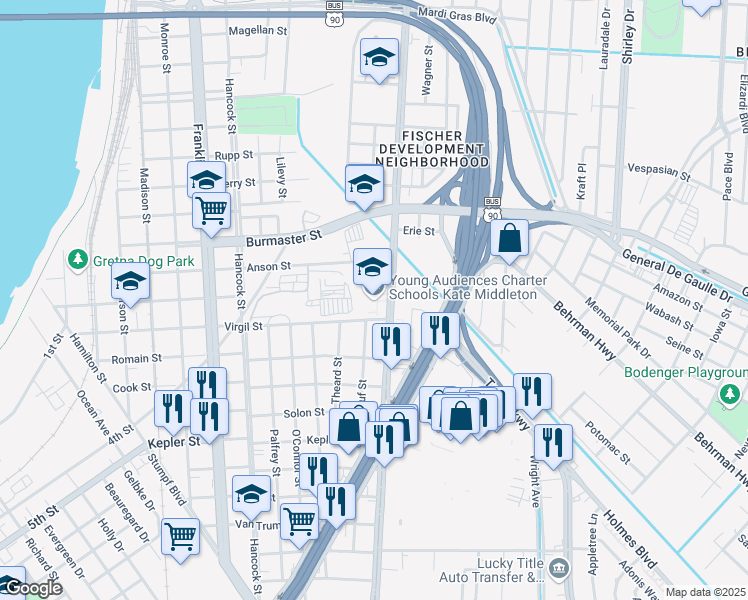 map of restaurants, bars, coffee shops, grocery stores, and more near 1407 Virgil Street in Gretna