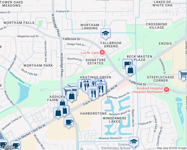 map of restaurants, bars, coffee shops, grocery stores, and more near 11810 Hammond Drive in Houston