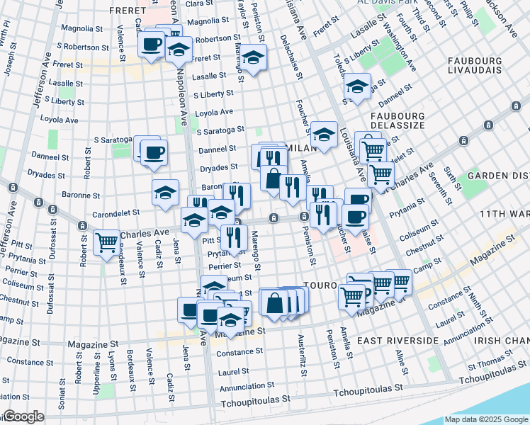 map of restaurants, bars, coffee shops, grocery stores, and more near 3923 Carondelet Street in New Orleans