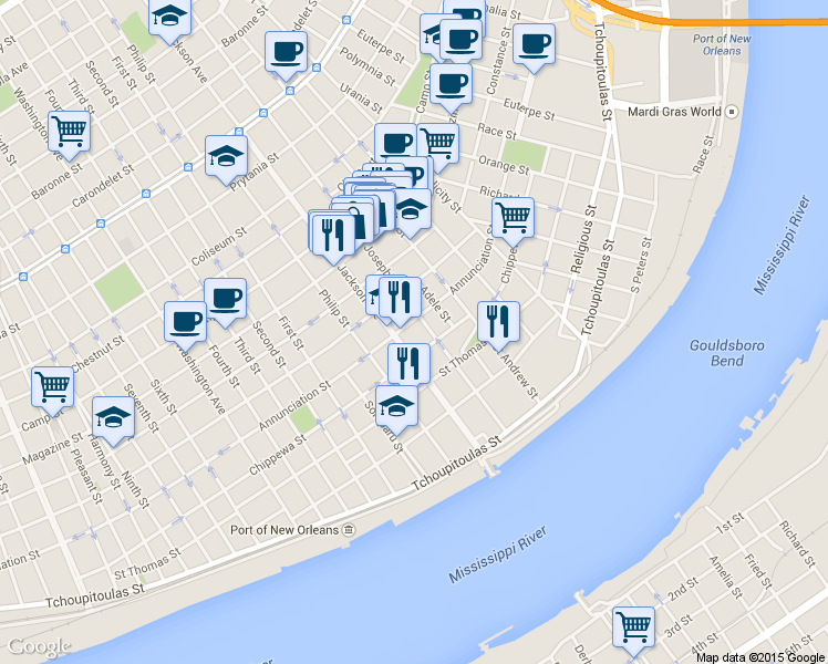 map of restaurants, bars, coffee shops, grocery stores, and more near 801 Josephine Street in New Orleans