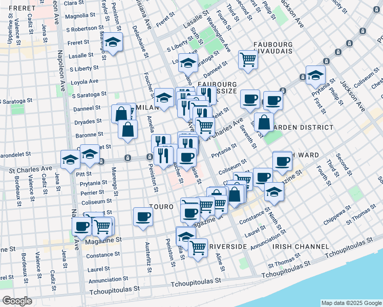 map of restaurants, bars, coffee shops, grocery stores, and more near 3400 Saint Charles Avenue in New Orleans