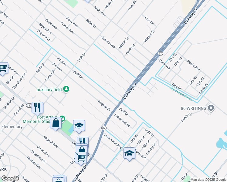 map of restaurants, bars, coffee shops, grocery stores, and more near 5307 Gulfway Drive in Port Arthur