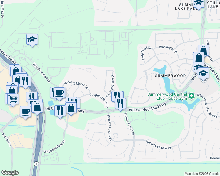 map of restaurants, bars, coffee shops, grocery stores, and more near 14126 Rock Dove Lane in Houston