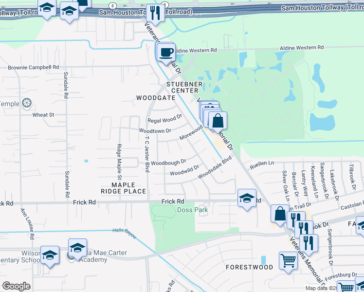 map of restaurants, bars, coffee shops, grocery stores, and more near 2323 Morewood Drive in Houston