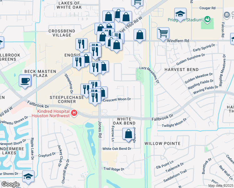 map of restaurants, bars, coffee shops, grocery stores, and more near 11000 Crescent Moon Drive in Houston