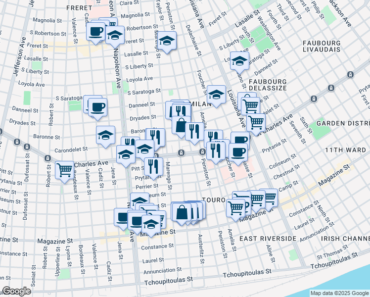 map of restaurants, bars, coffee shops, grocery stores, and more near 3923 Carondelet Street in New Orleans