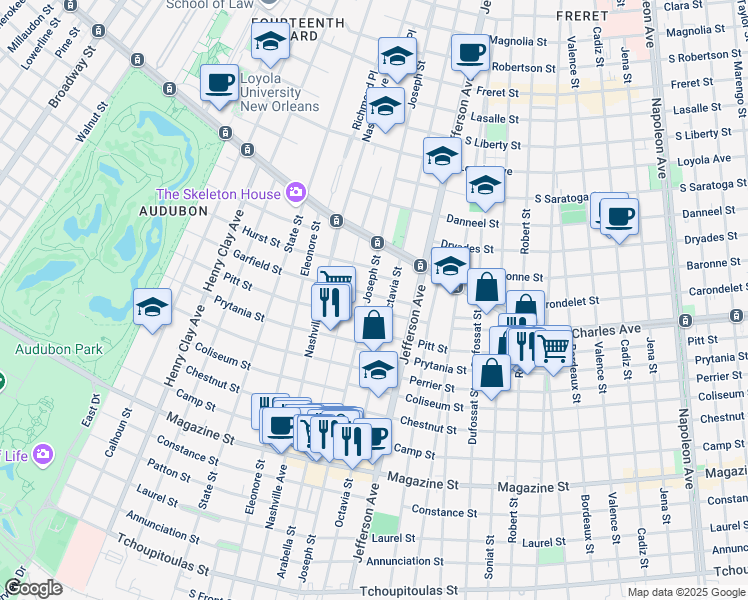 map of restaurants, bars, coffee shops, grocery stores, and more near 5532 Garfield Street in New Orleans