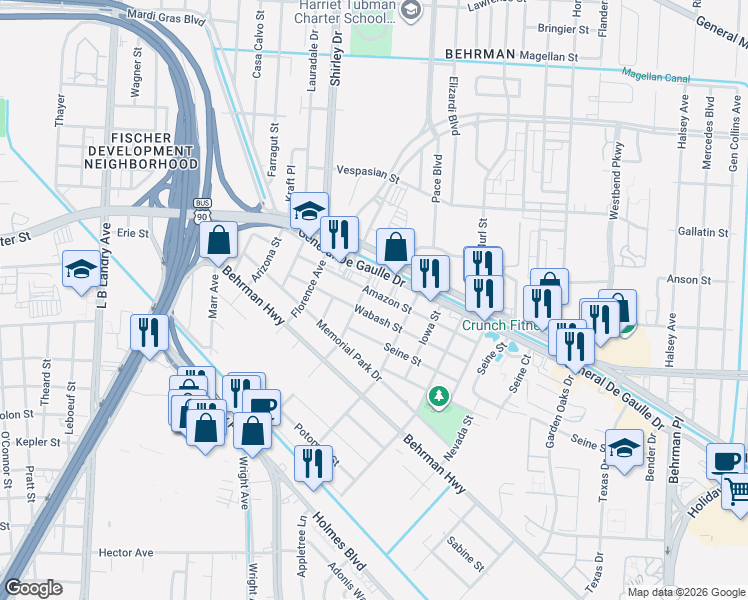 map of restaurants, bars, coffee shops, grocery stores, and more near 2809 Amazon Street in New Orleans