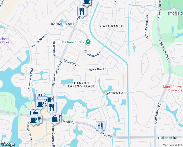 map of restaurants, bars, coffee shops, grocery stores, and more near 17310 Kiowa River Lane in Houston