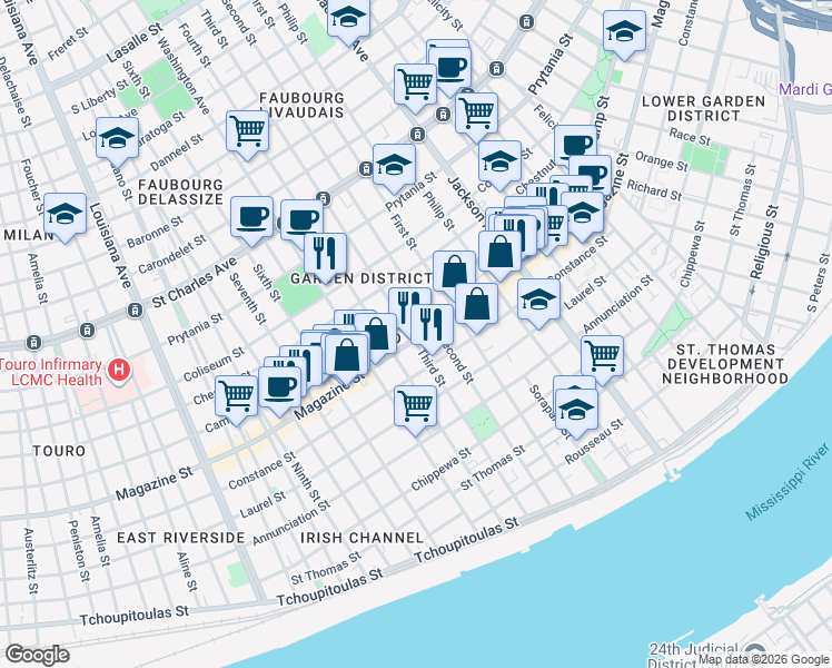 map of restaurants, bars, coffee shops, grocery stores, and more near 1101 Third Street in New Orleans