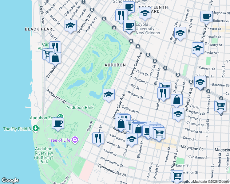 map of restaurants, bars, coffee shops, grocery stores, and more near 1227 Exposition Boulevard in New Orleans