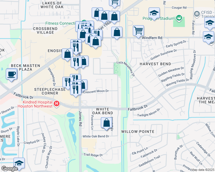 map of restaurants, bars, coffee shops, grocery stores, and more near 10718 Buffalo Bend Drive in Houston
