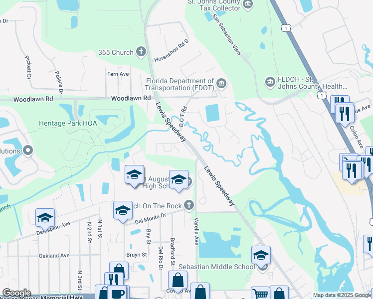 map of restaurants, bars, coffee shops, grocery stores, and more near 100 Center Place Way in St. Augustine