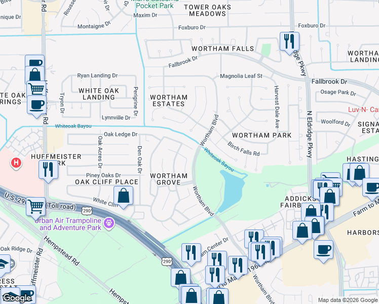 map of restaurants, bars, coffee shops, grocery stores, and more near 13006 Turnbridge Trail in Houston