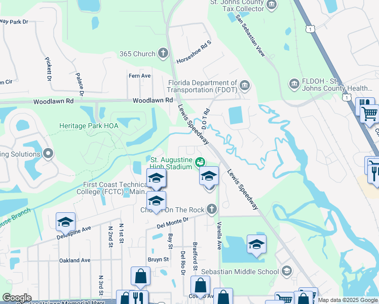 map of restaurants, bars, coffee shops, grocery stores, and more near 2384 D O T Road in St. Augustine