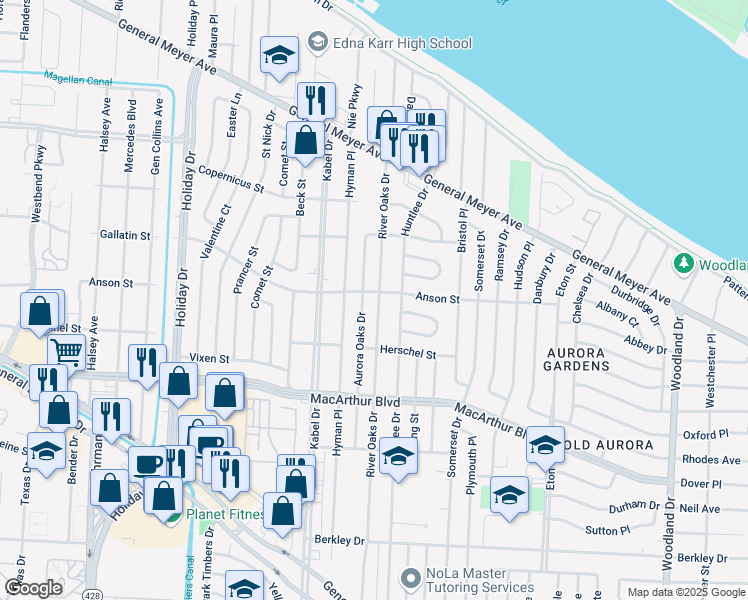 map of restaurants, bars, coffee shops, grocery stores, and more near 461 Aurora Oaks Drive in New Orleans