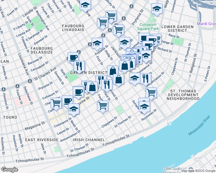 map of restaurants, bars, coffee shops, grocery stores, and more near 2407 Magazine Street in New Orleans