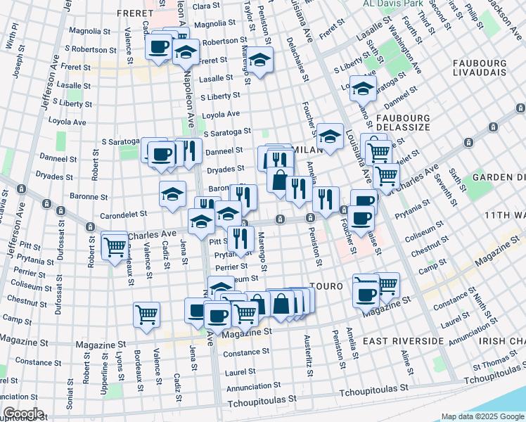 map of restaurants, bars, coffee shops, grocery stores, and more near 4113 Carondelet Street in New Orleans