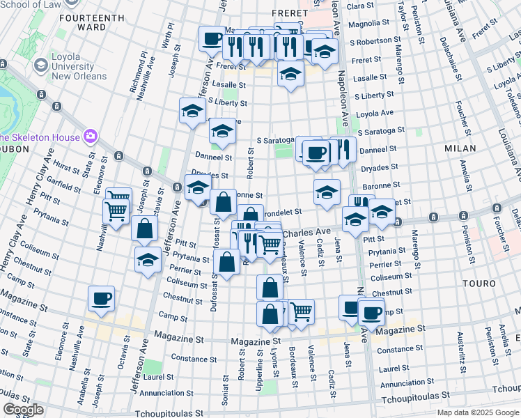 map of restaurants, bars, coffee shops, grocery stores, and more near 4910 Baronne Street in New Orleans