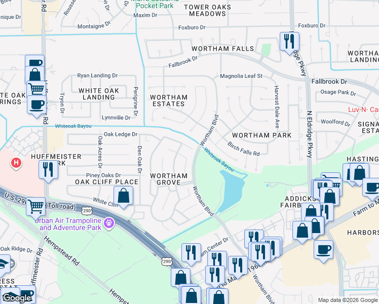 map of restaurants, bars, coffee shops, grocery stores, and more near 13006 Turnbridge Trail in Houston