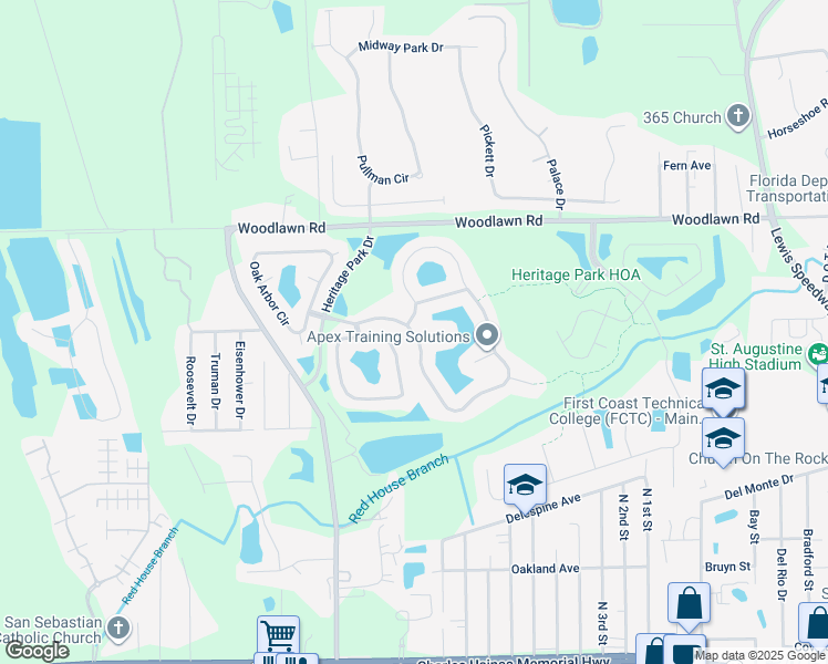 map of restaurants, bars, coffee shops, grocery stores, and more near 625 East Red House Branch Road in St. Augustine