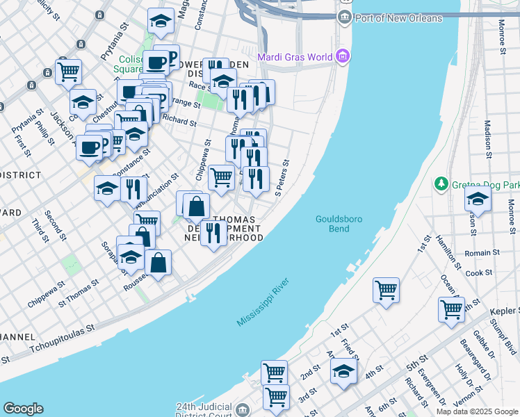map of restaurants, bars, coffee shops, grocery stores, and more near 1770 Tchoupitoulas Street in New Orleans