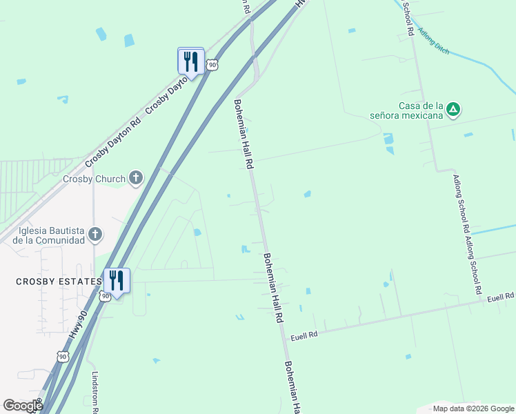 map of restaurants, bars, coffee shops, grocery stores, and more near 16860 Bohemian Hall Road in Crosby