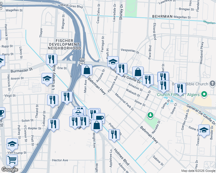 map of restaurants, bars, coffee shops, grocery stores, and more near 3331 Florence Drive in New Orleans